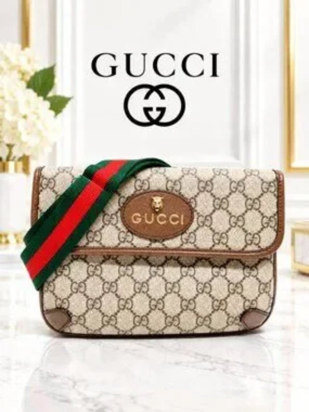 Authentic Gucci Waist Pouch Sherry Line GG Supreme Web Stripe Belt Bag